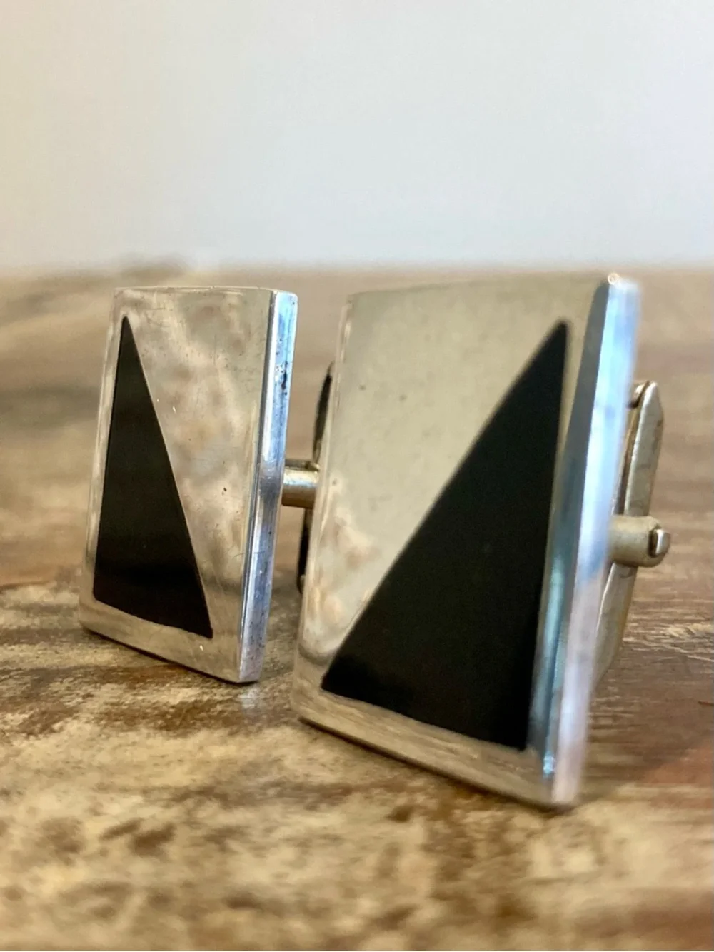 Vintage Taxco Modernist Sterling Silver Cufflinks – TD‑53 – Black Inlay – 24g